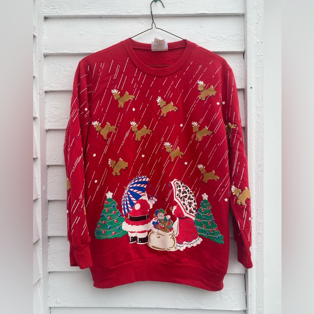 Adorable Vintage Festive Red Christmas Sweater with Holiday Scene Santa Reindeer